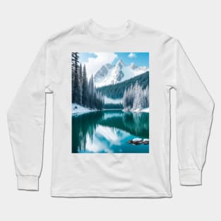 A pristine alpine lake nestled in the heart of snow-capped mountains. Long Sleeve T-Shirt